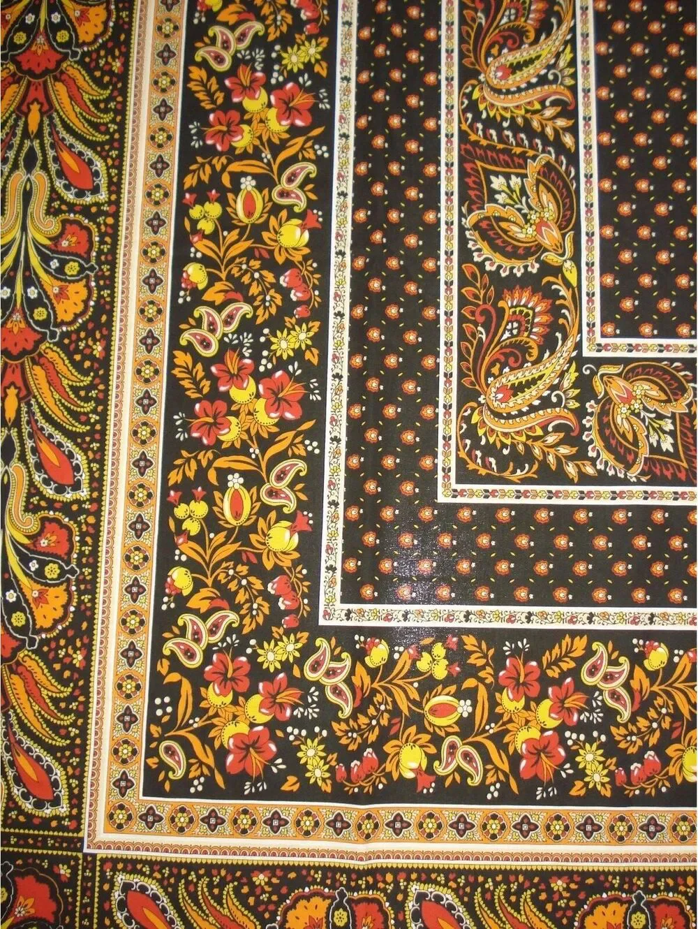 French Orange, Blk, Red & Yellow Floral & Leaf Cotton Tablecloth 95.5